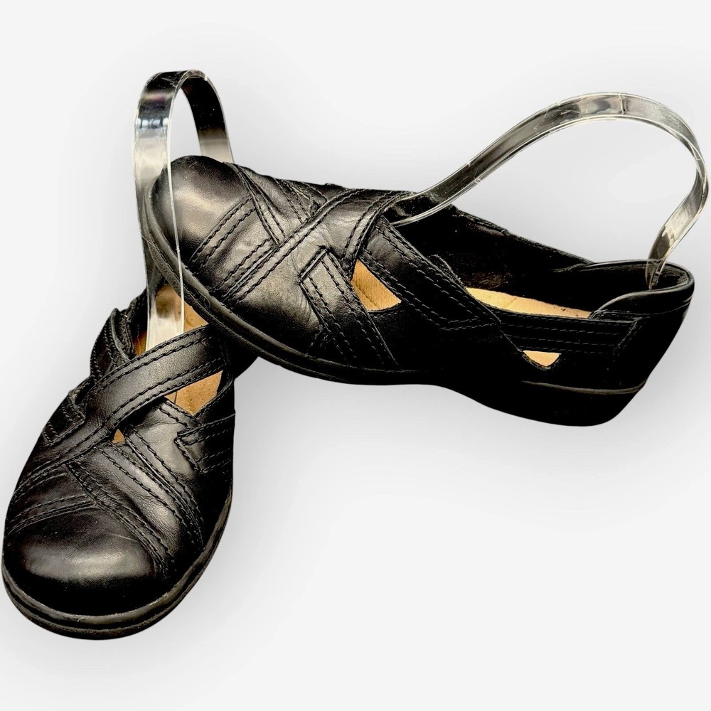 Clarks Cheyn Wale Loafer 7.5 Black Leather Criss Cross Mary Jane Flats Shoes